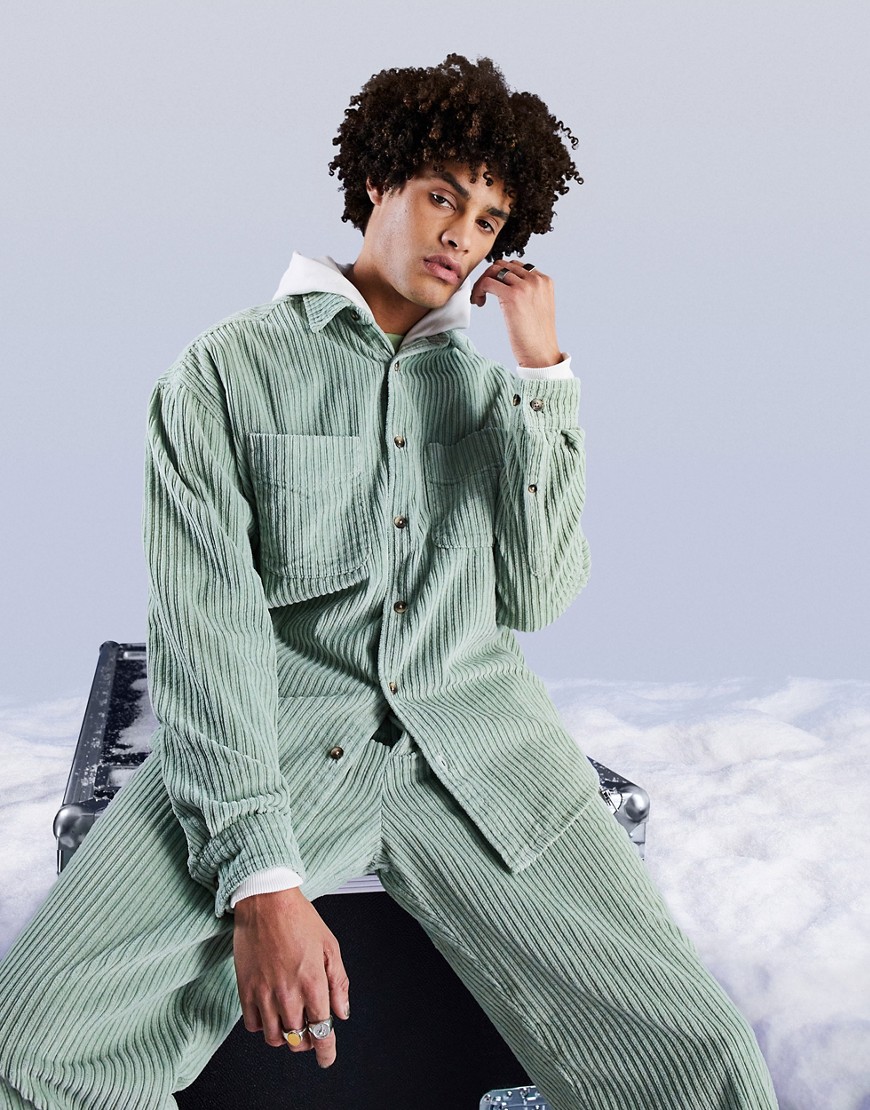 ASOS DESIGN oversized irregular cord shirt in mint - part of a set-Green