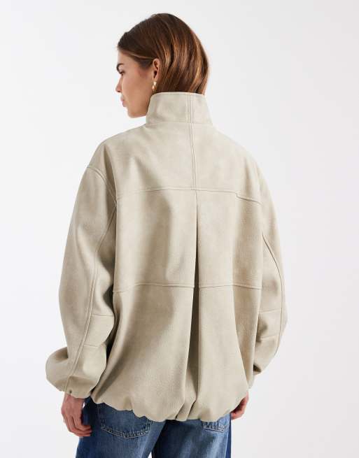 ASOS DESIGN - Oversized jack met opstaande boord en bubbelzoom in leerlook in stone, 4 van 4