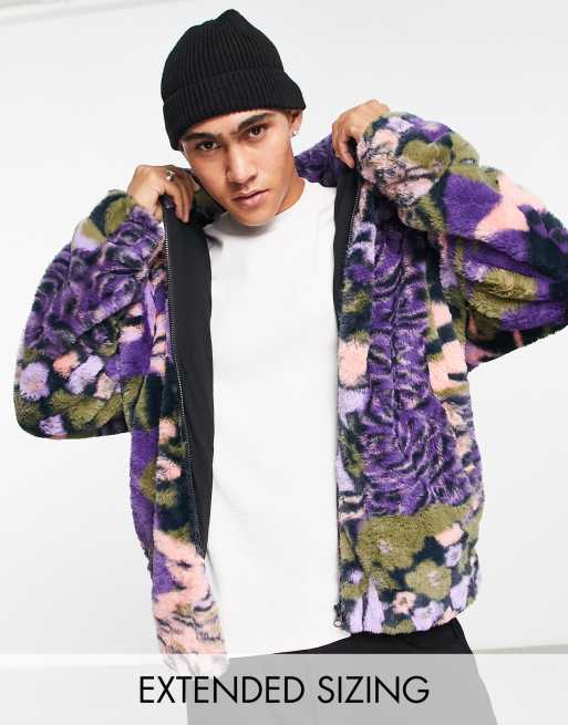 ASOS DESIGN - Oversized jack van imitatiebont met ritssluiting in print