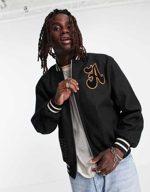 ASOS DESIGN - Oversized jack van wolmix in college-stijl met borduursel in zwart
