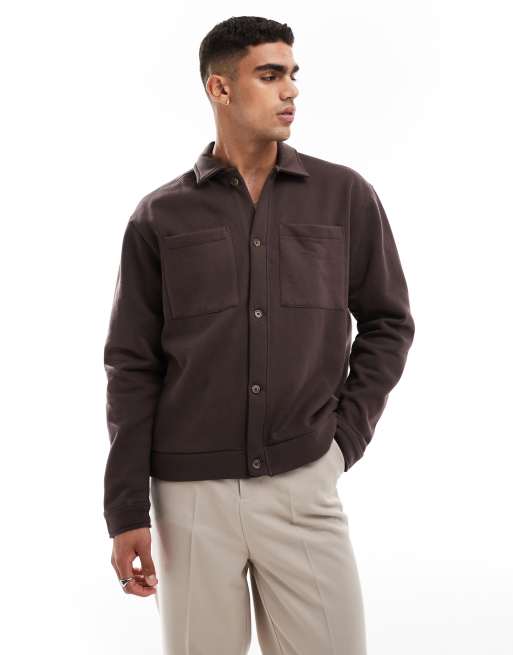 ASOS DESIGN - Oversized jack van zware jersey met knoopsluiting en zakdetail in bruin