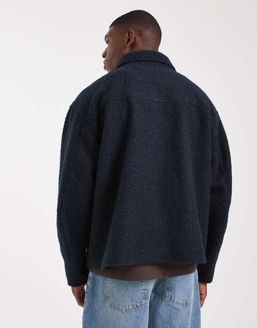 ASOS DESIGN oversized jacket in boucle wool look in navy, 3 of 5