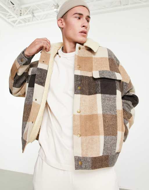 ASOS DESIGN oversized jacket with borg lining in brown check