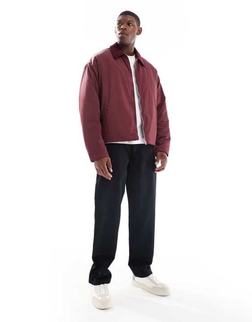 ASOS DESIGN oversized jacket with cord collar in burgundy , 2 of 5