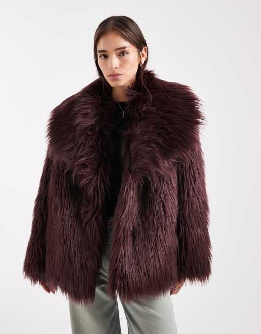 ASOS DESIGN oversized jacket with faux fur collar in burgundy