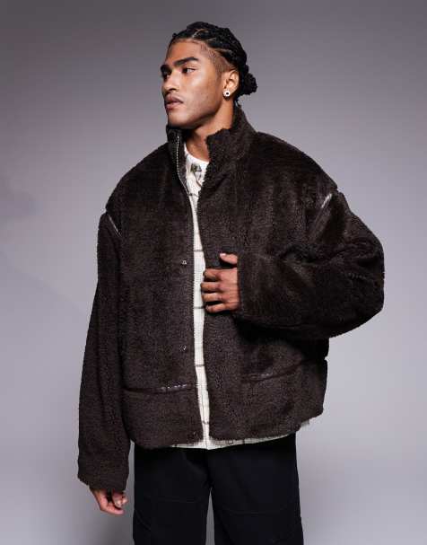 ASOS DESIGN oversized jacket with funnel neck in borg in brown - view 1
