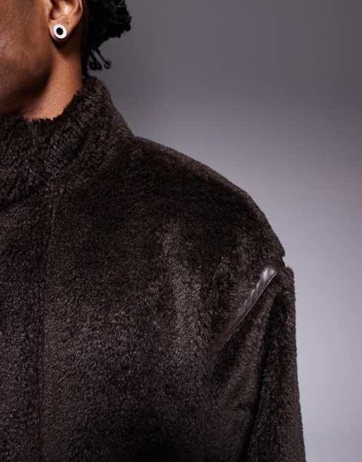 ASOS DESIGN oversized jacket with funnel neck in borg in brown, 5 of 5