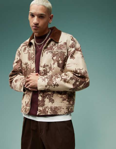 ASOS DESIGN oversized jacquard harrington jacket in stone - view 1