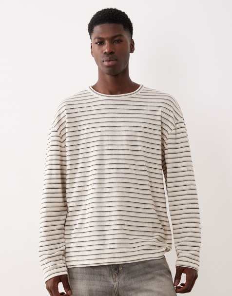 ASOS DESIGN oversized jacquard long sleeve striped t-shirt in cream - view 1