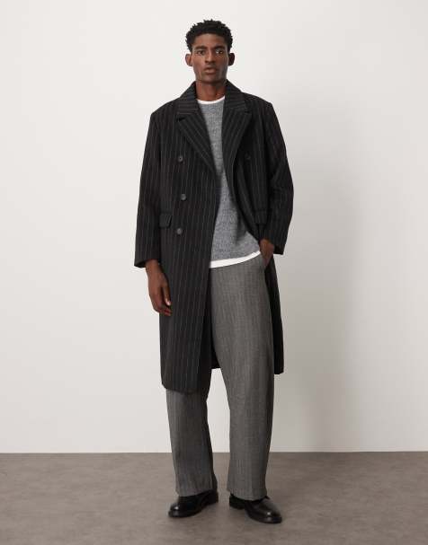 ASOS DESIGN - Oversized jas met lange pasvorm, krijtstreep en wollook in zwart - view 1