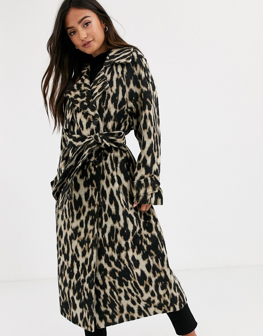 ASOS DESIGN - Oversized jas met riem en luipaardprint-Multi