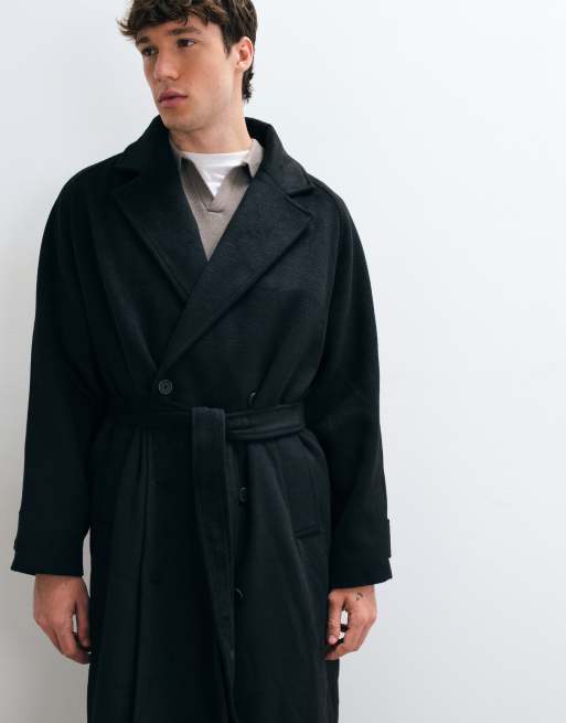 ASOS DESIGN oversized jas met wollook en riem in zwart, 4 van 5