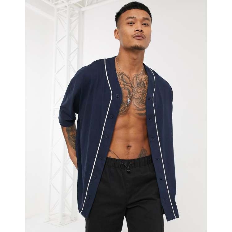 ASOS DESIGN Oversized Long Sleeve Baseball Jersey Shirt In Navy