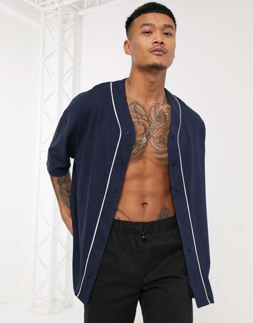 Dood in de wereld was Desillusie ASOS DESIGN oversized jersey baseball shirt in navy | ASOS