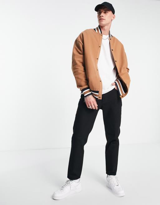 ASOS DESIGN - Oversized jersey bomberjack met gestreepte boorden en zoom in bruin