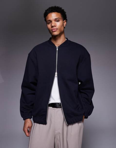 ASOS DESIGN - Oversized jersey bomberjack van zwarte stof in marineblauw - view 1