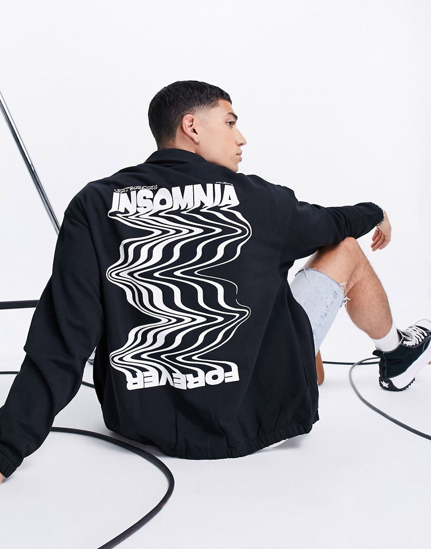 ASOS DESIGN oversized jersey coach jacket in black with insomnia prints