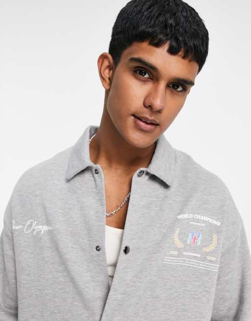 ASOS DESIGN oversized jersey coach jacket in gray with text chest prints