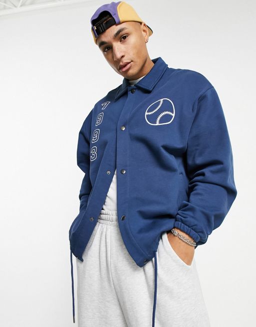 ASOS DESIGN oversized jersey coach jacket with collegiate prints