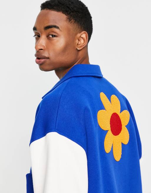 ASOS DESIGN oversized jersey harrington jacket in blue & white with badging , 1 of 4