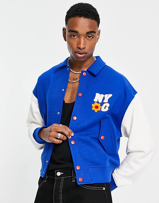 ASOS DESIGN oversized jersey harrington jacket in blue & white with badging , 4 of 4