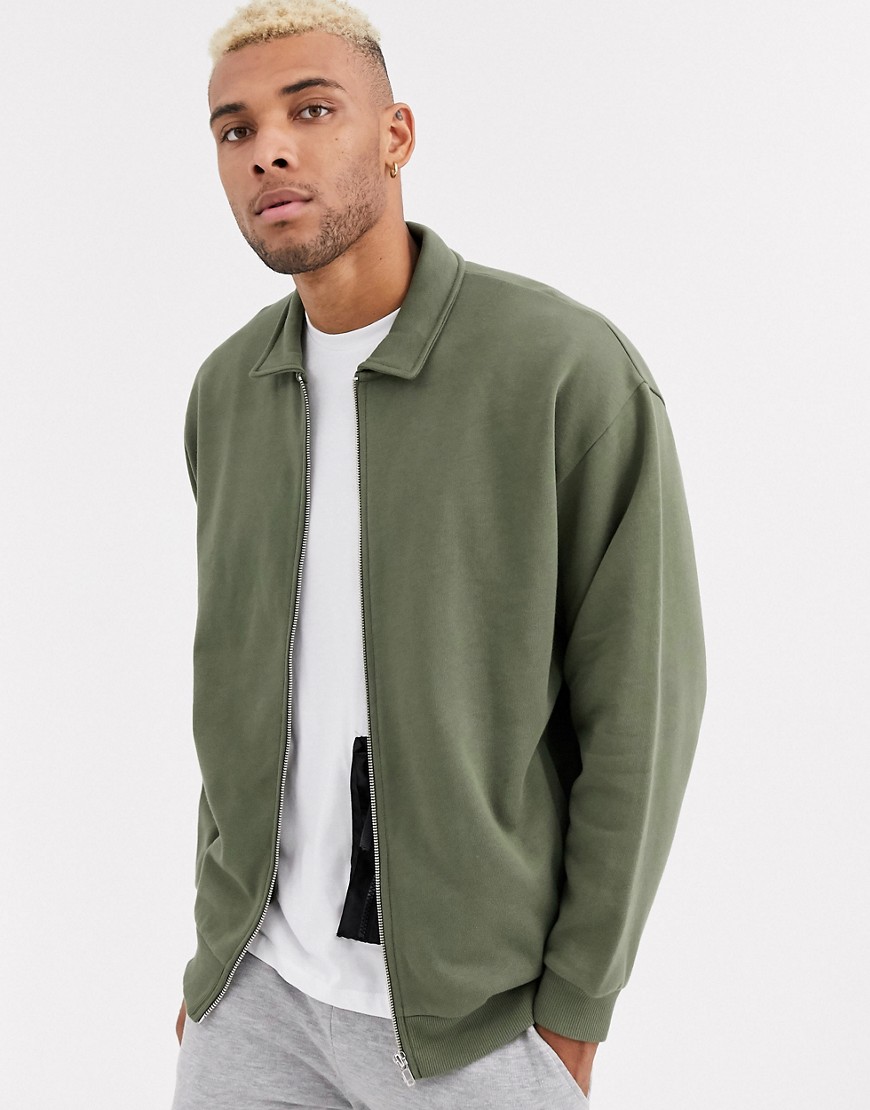 ASOS DESIGN oversized jersey harrington jacket in khaki-Green