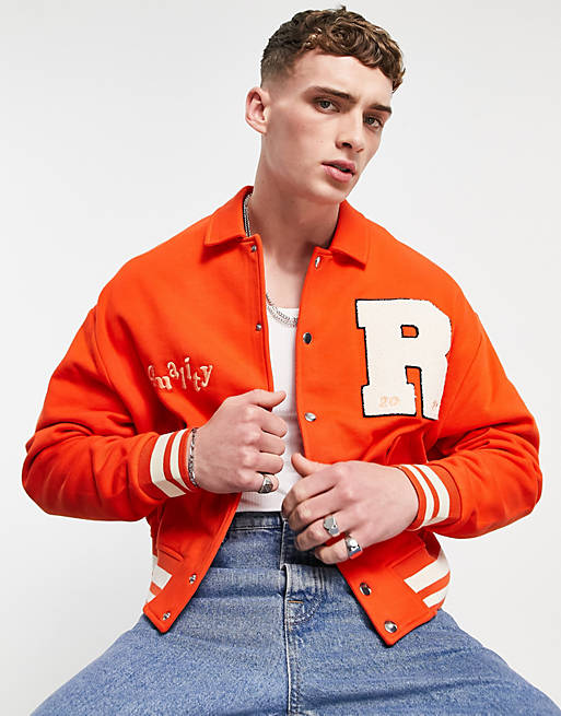 ASOS DESIGN oversized jersey harrington jacket in red with collegiate embroidery details, 1 of 4