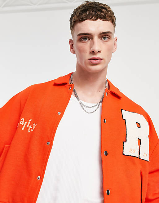 ASOS DESIGN oversized jersey harrington jacket in red with collegiate embroidery details, 2 of 4