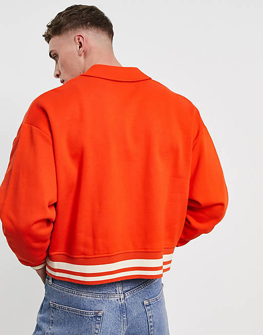 ASOS DESIGN oversized jersey harrington jacket in red with collegiate embroidery details, 3 of 4