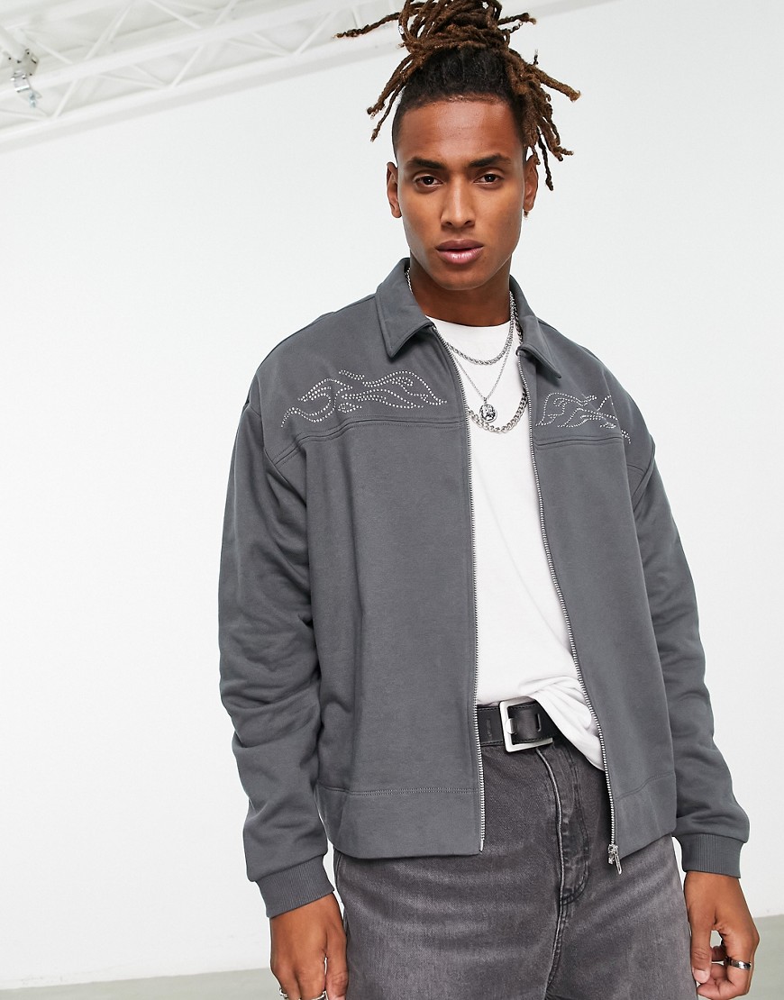 ASOS DESIGN oversized jersey jacket in gray with diamante chest print