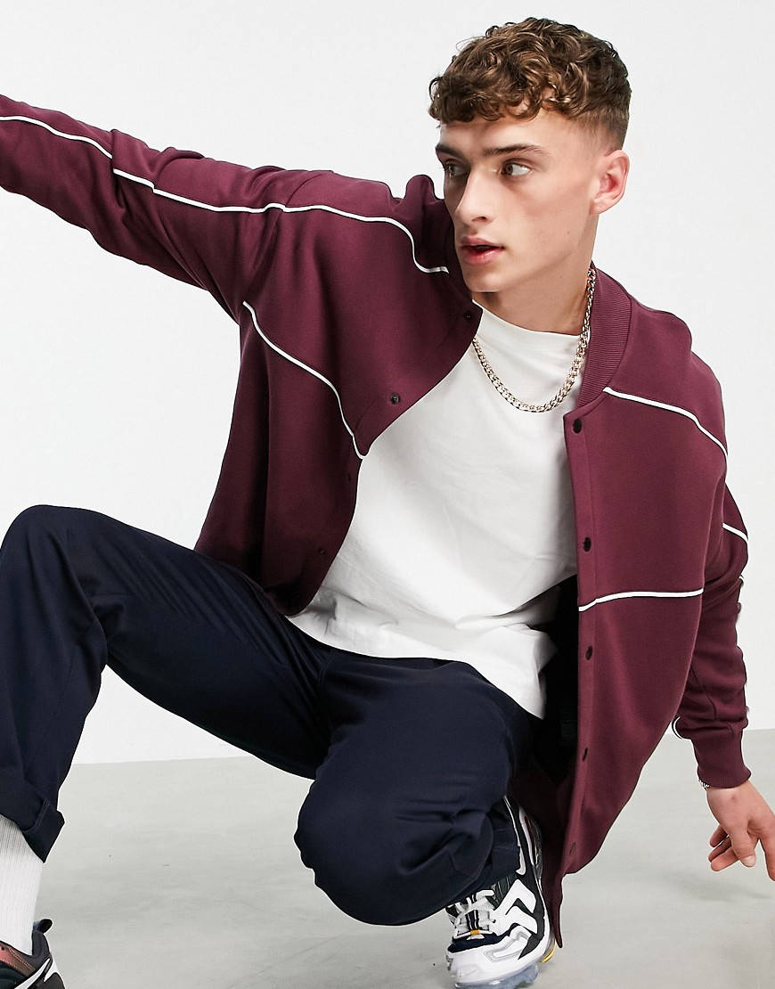 ASOS DESIGN oversized jersey jacket with piping in burgundy-Red
