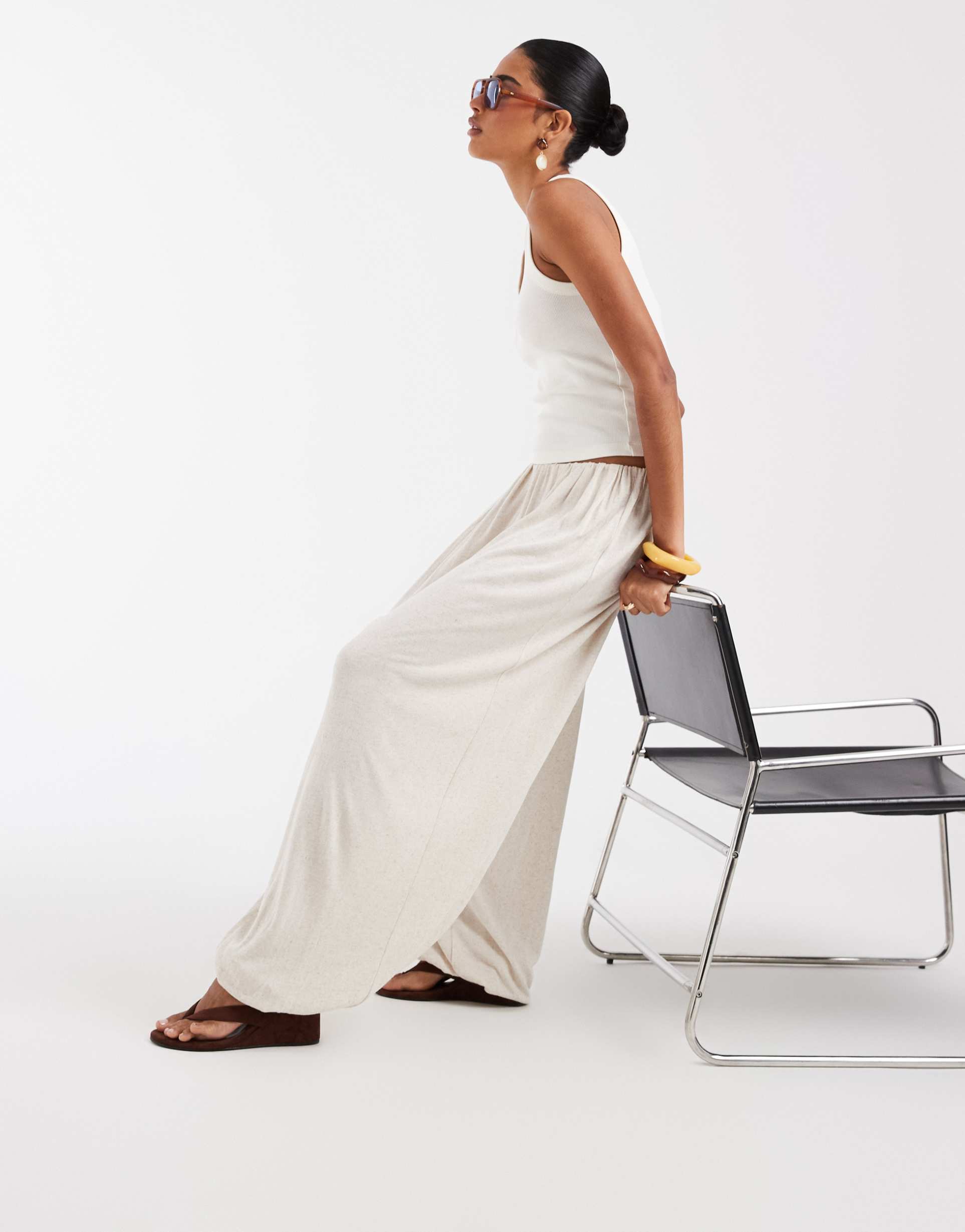 asos design oversized jersey linen look balloon leg pants in beige