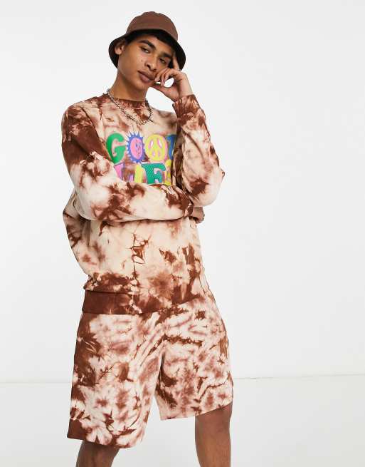 ASOS DESIGN - Oversized co-ord set in bruine tie-dye met positieve tekstprint, 3 van 3