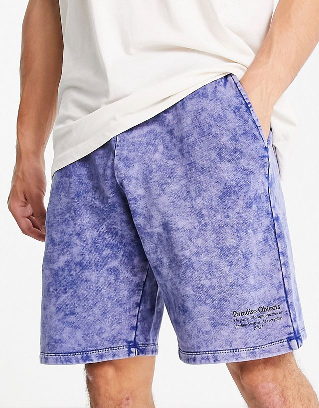 ASOS DESIGN oversized jersey shorts in blue acid wash with text print - part of a set
