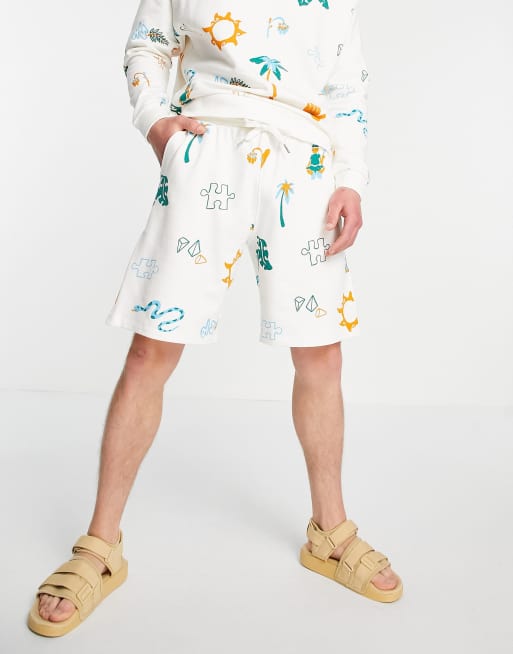 ASOS DESIGN oversized jersey shorts with all over print (part of a set) - WHITE