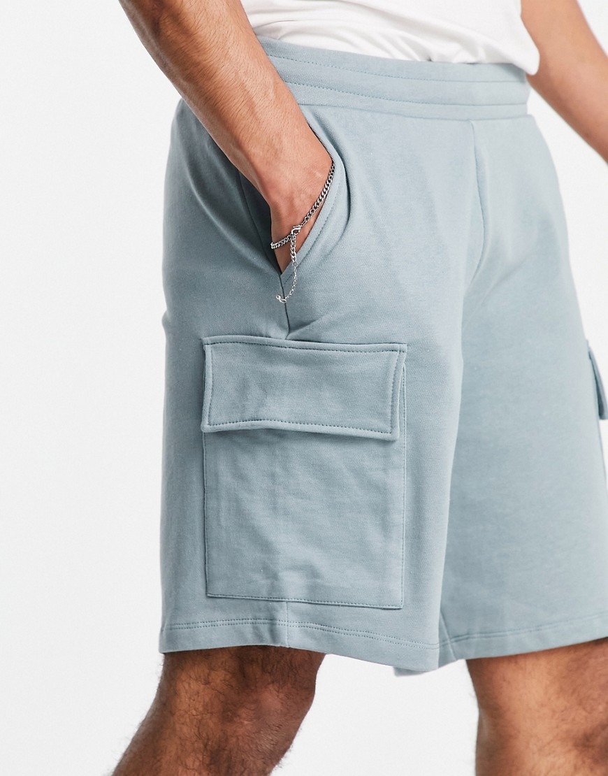 ASOS DESIGN oversized jersey shorts with cargo pocket in gray blue-Blues