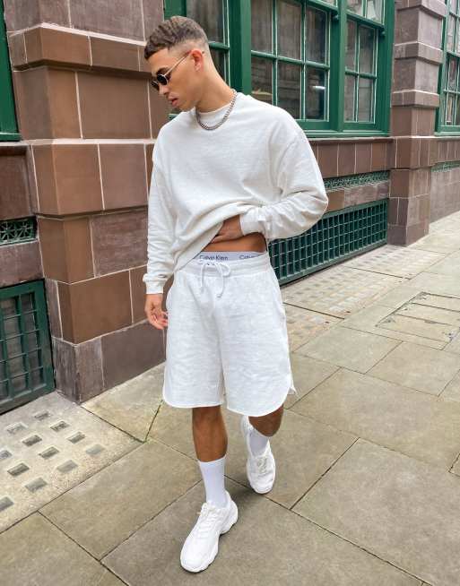 ASOS DESIGN oversized jersey shorts with pintucks in white heather part of a set