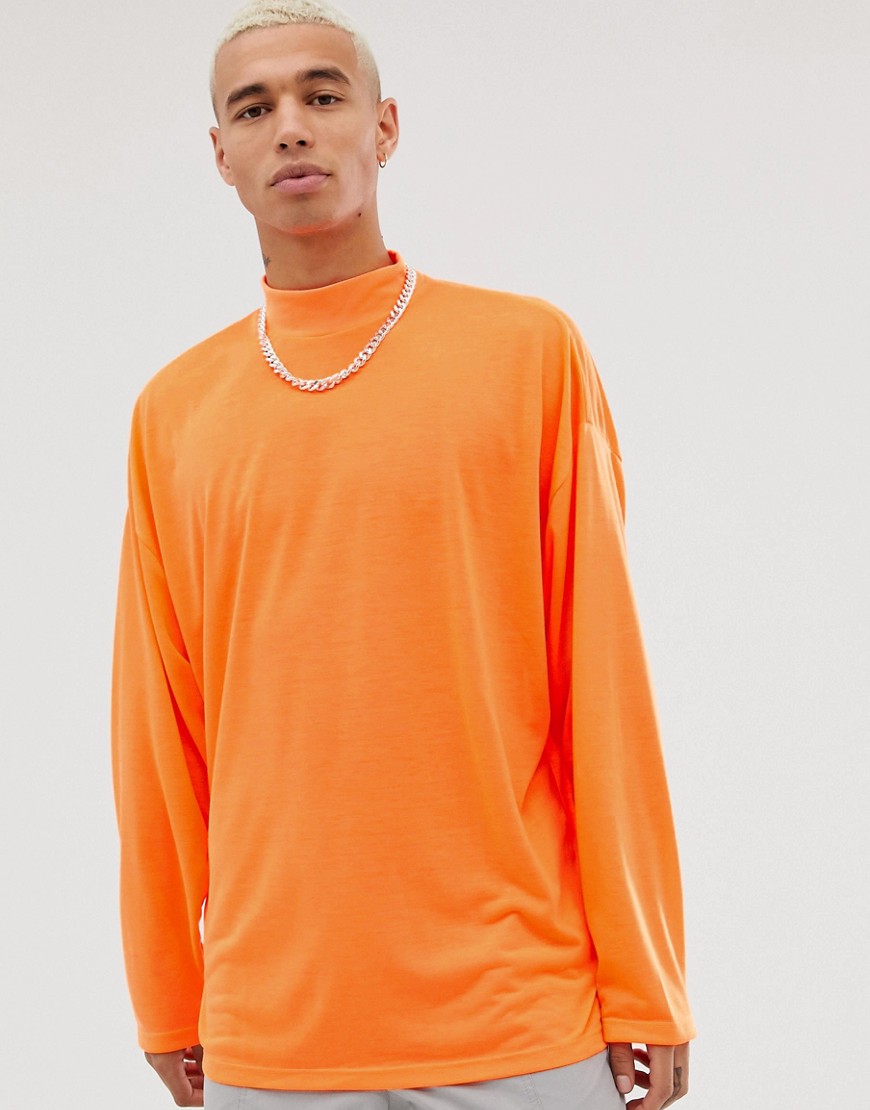 ASOS DESIGN - Oversized jersey T-shirt met lange mouwen en col in neon oranje