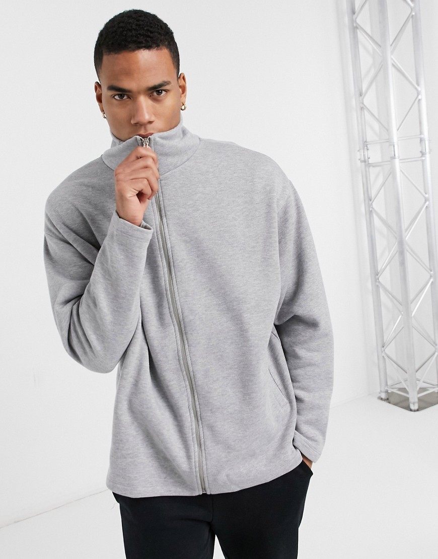 ASOS DESIGN oversized jersey track jacket in grey marl with funnel neck and chunky zip