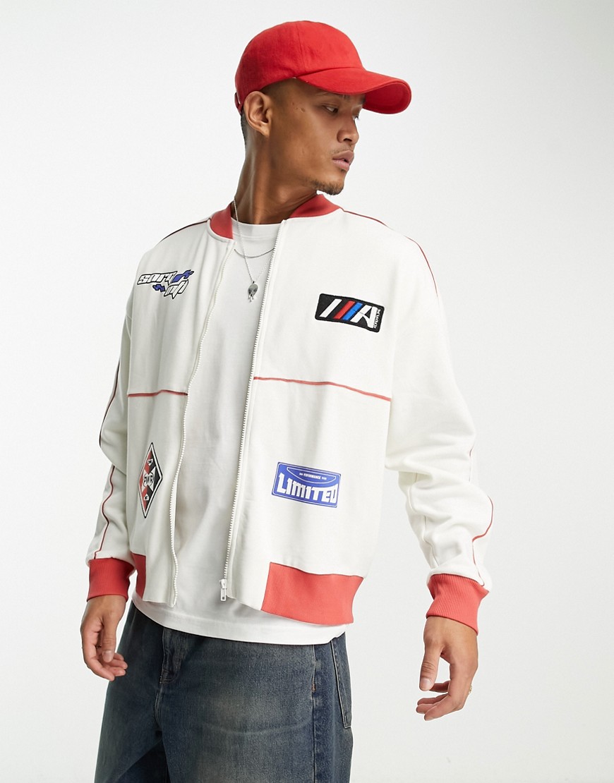 Asos Design Oversized Jersey Track Jacket In Off White With Sports Patches
