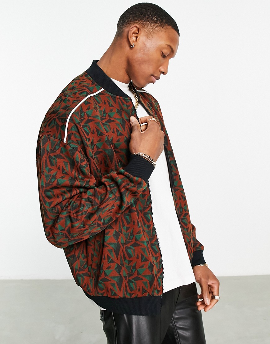 Asos Design Oversized Jersey Track Jacket In Patterned Jacquard With Piping-multi