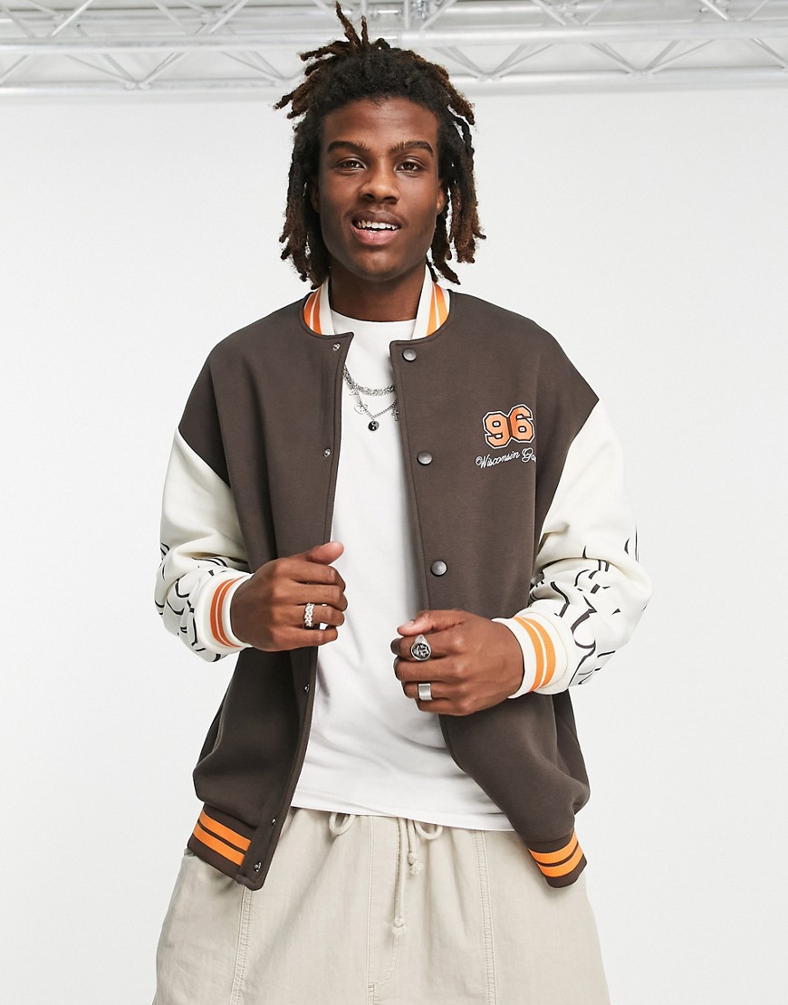 ASOS DESIGN oversized jersey varsity jacket in brown color block with fire print sleeves