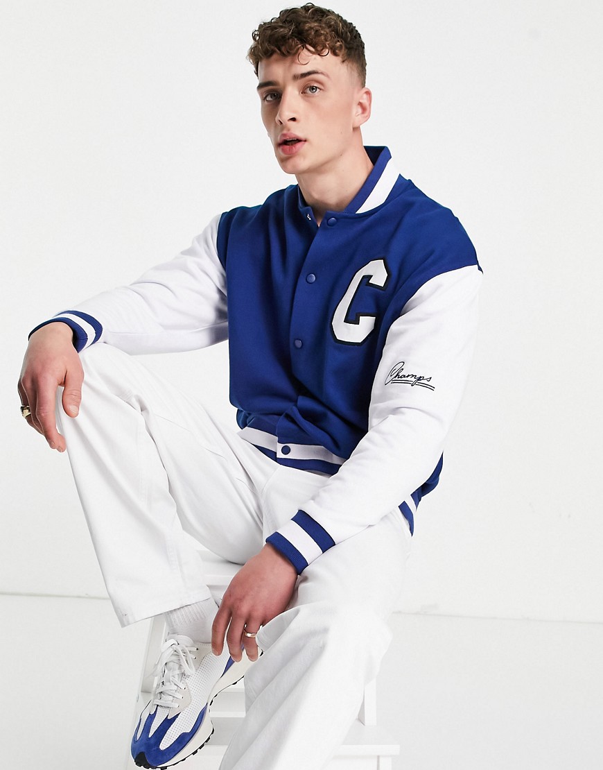 ASOS DESIGN oversized jersey varsity jacket in color block with collegiate embroidery-Blues