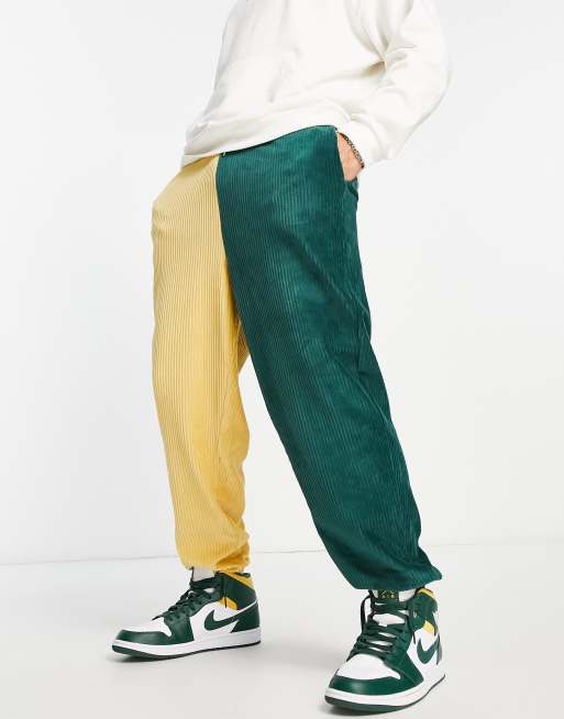ASOS DESIGN - Oversized joggingbukser med gule og grønne farveblokke i ribstrikket velour - Del af sæt