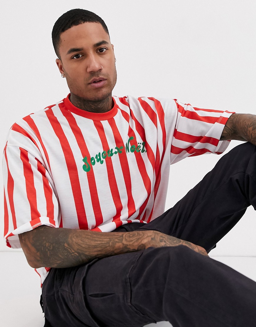 ASOS DESIGN - Oversized jule-t-shirt med vertikale striber og brodering-Multifarvet