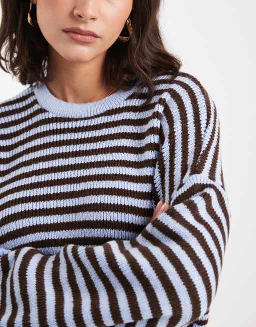 ASOS DESIGN oversized jumper in blue and chocolate stripe, 3 of 4