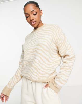 ASOS DESIGN oversized jumper in fluffy yarn in neutral zebra pattern | ASOS