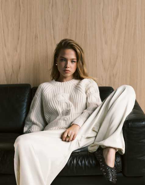 ASOS DESIGN oversized jumper with cable detail in cream - view 1