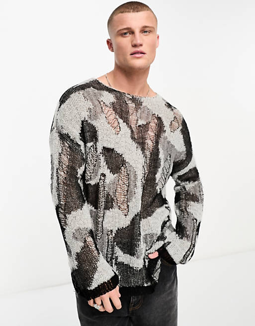 ASOS DESIGN oversized jumper with laddering stitch in black and grey | ASOS