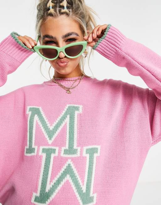 ASOS DESIGN oversized jumper with monogram in pink